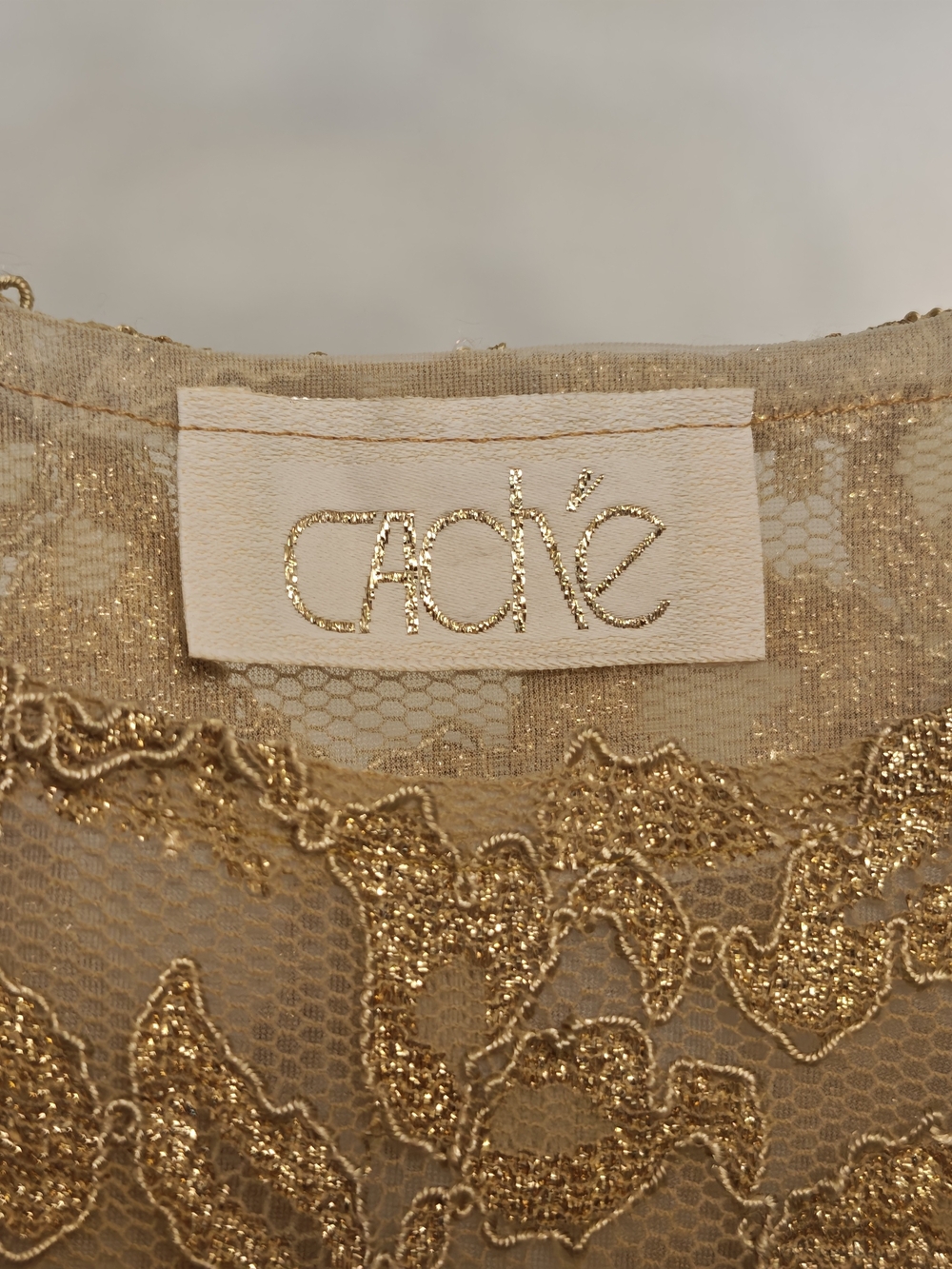 Dainty Gold Lace Sheer Novelty Y2K Long Sleeve Top Metallic Blouse Size Large - Picture 3 of 7
